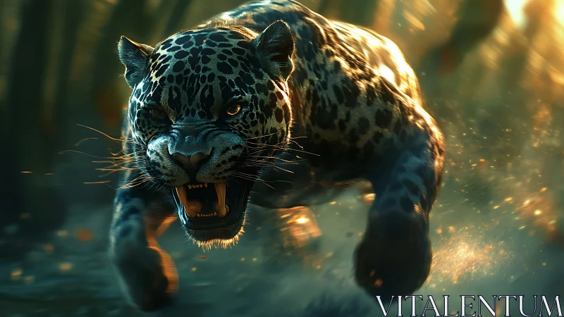 Digitally rendered jaguar portrait displays aggressive threat posture with photorealistic texture re