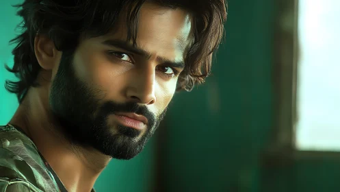Intense bearded man gazes forward in moody emerald light