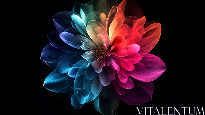 Radiant rainbow petals blooming in luminous midnight hush.