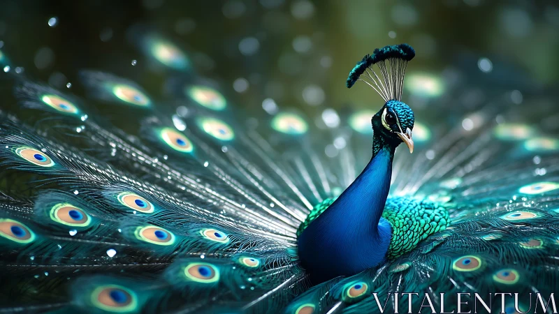 Radiant peacock unfurls luminous tail in sparkling light.
