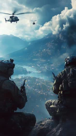 Tactical insertion over alpine valley under dynamic cumulonimbus.