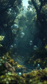 Floating Soap Bubbles in Forest Clearing with Filtered Sunlight