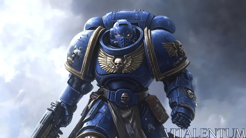 Stoic blue space knight marching through stormy light.
