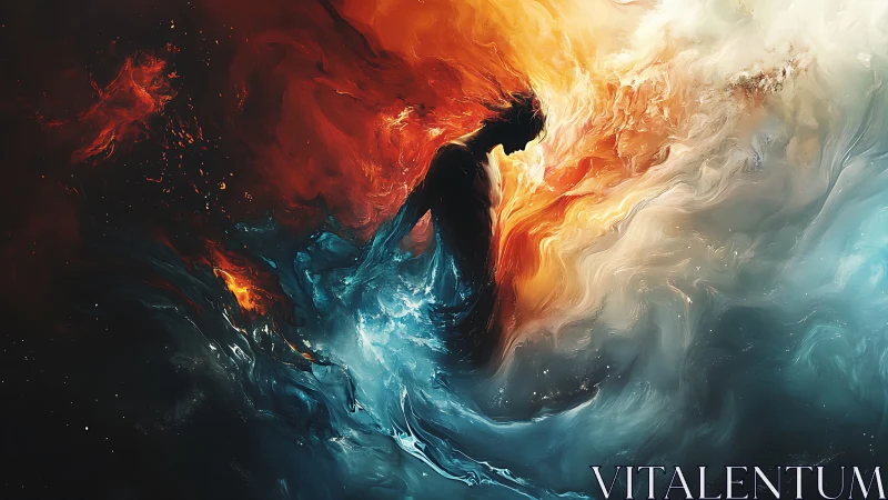 Celestial figure forged in colliding tides of fire and ocean.