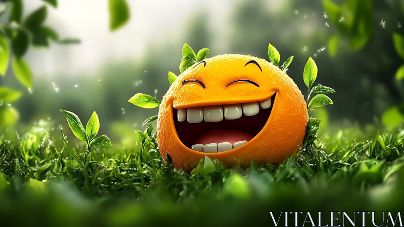 Laughing orange character glows in lush morning garden.