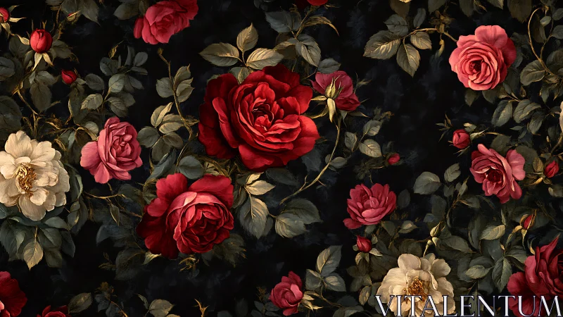 Garden Elegance: Dark Floral Romance in Red and Cream Blooms