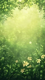 Sunlit forest glade rendered in soft-focus digital painting