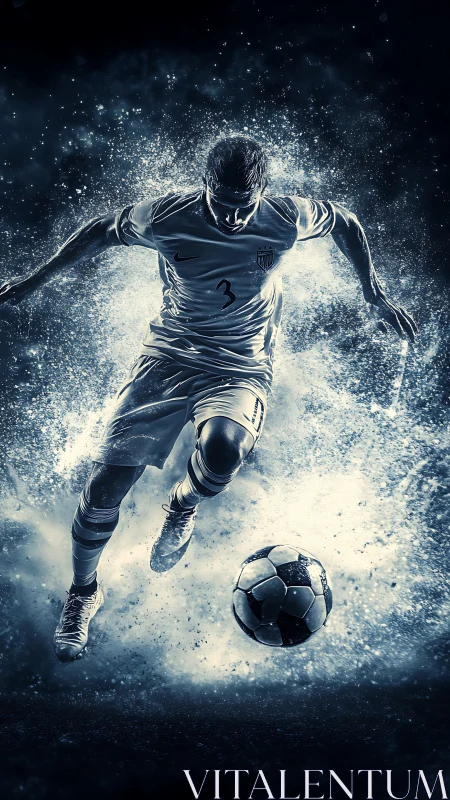 Soccer player in motion with ball amid abstract splashes.