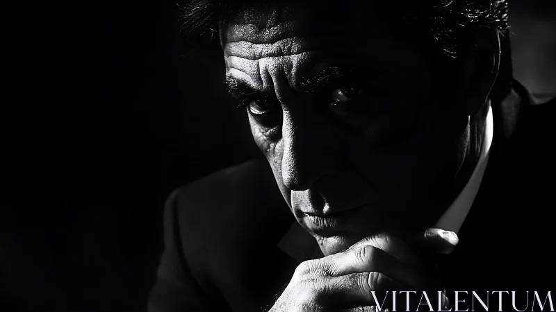 Intense low key portrait of man in dramatic shadows.