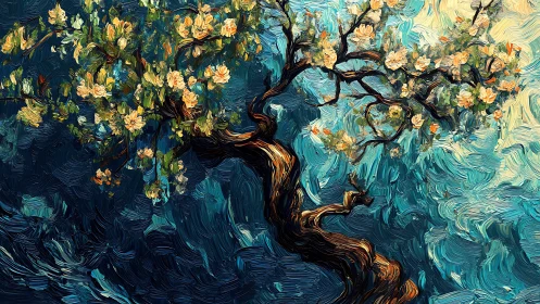 Curved flowering tree trunk extends across textured blue field