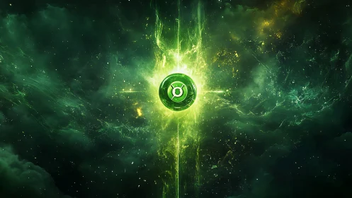 Emerald energy emblem radiates within cosmic nebular field