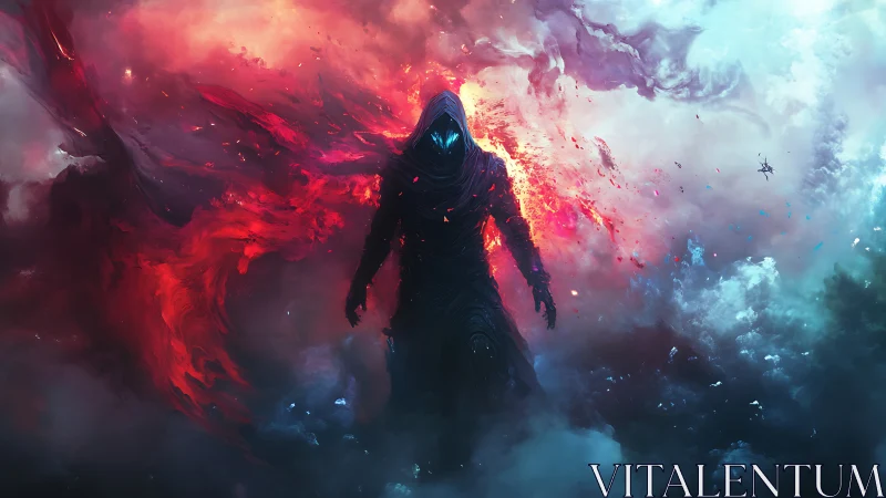 Hooded figure amid red and blue swirling energy clouds.