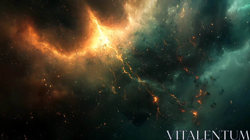 Nebula-like cosmic cloud with glowing orange plasma arcs