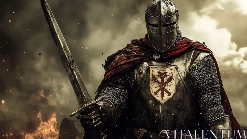 Armored medieval knight with sword in smoky battlefield setting.