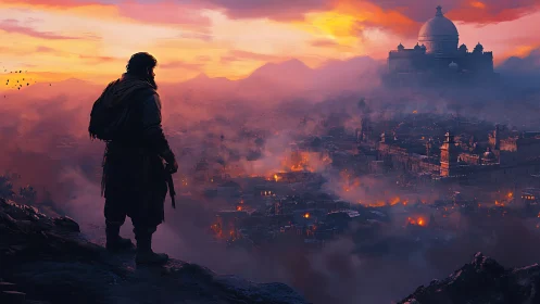 Hooded figure overlooks burning fantasy city at sunset