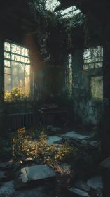 Overgrown interior of derelict room with broken windows.