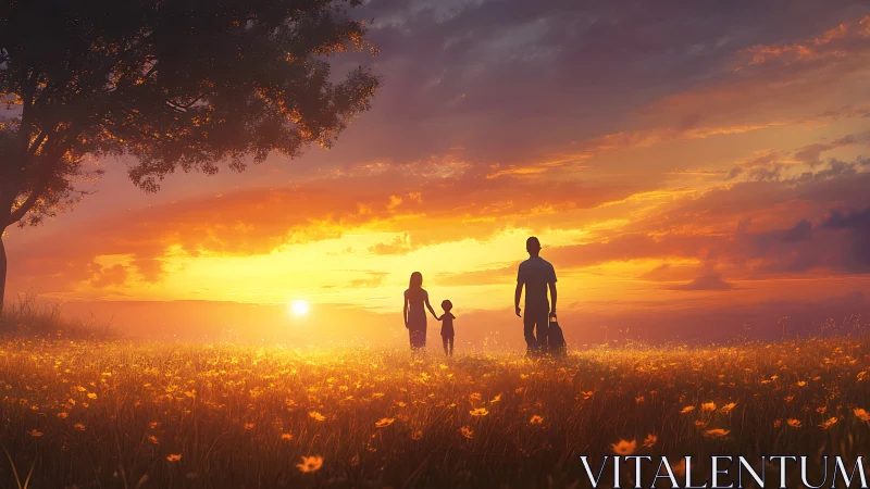 Backlit family silhouettes crossing luminous wildflower field.