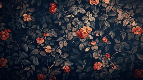Dense rose pattern on dark leafed botanical background.