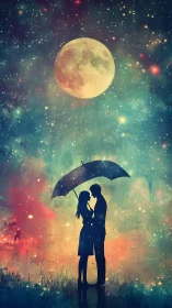 Silhouetted Couple Under Cosmic Moon with Umbrella.