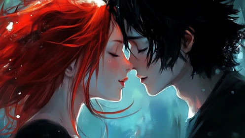 Luminous Connection: Red and Black-Haired Figures Embrace.