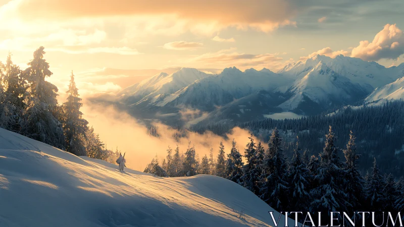 Winter sun drapes a lone wanderer in honeyed alpine silence