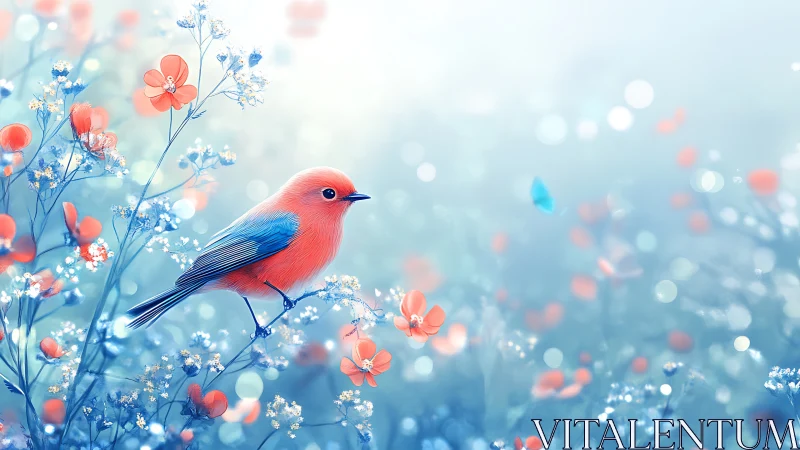 Vibrant Blue and Orange Bird in Dreamy Floral Pastel Landscape.