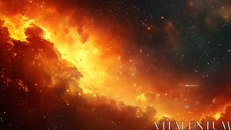 Cosmic Inferno: Stellar Nebula Eruption with Particle Cascade.