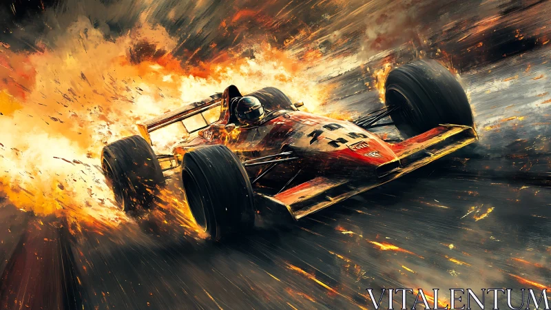 Blazing race car surging through fire and speed-soaked sparks.