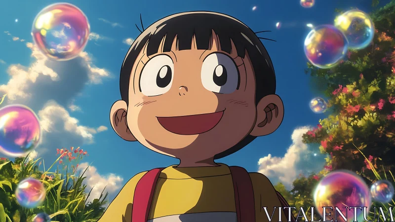 Sunlit anime child chasing daydreams in drifting bubbles.