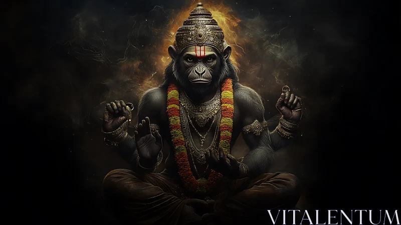 Gorilla deity in ornate meditation with glowing backdrop.