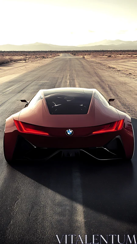 Crimson desert supercar poised on an endless horizon road.