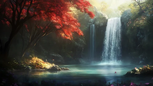 Quiet twin waterfalls in forest pool with red foliage.