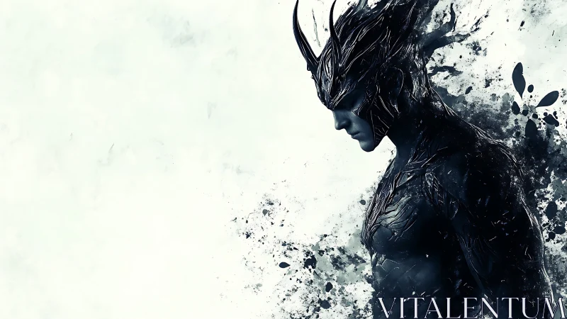 Dark armored humanoid dissolves into abstract ink splashes