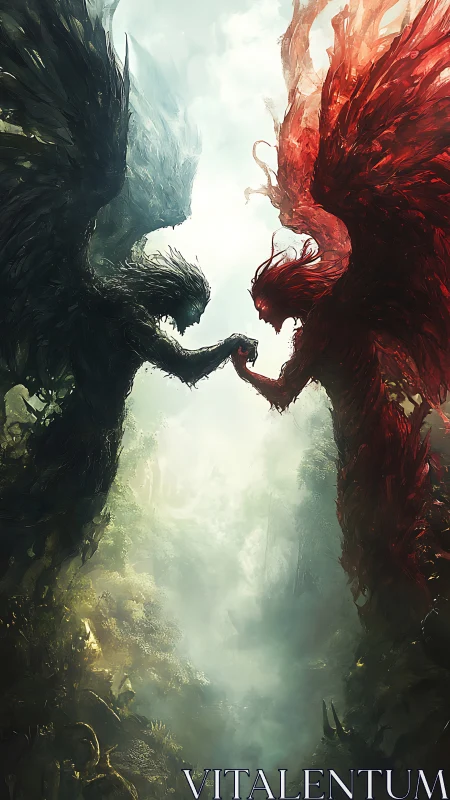 Opposed dark and red winged figures over misted chasm.