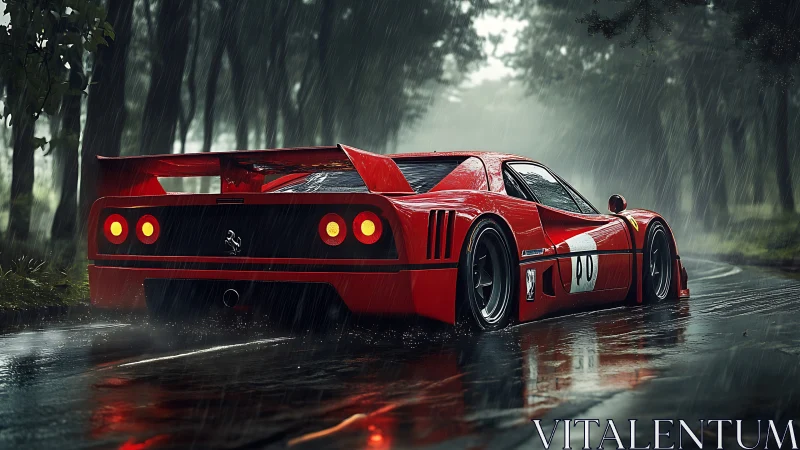Bold red race car glowing on a rain soaked forest road.