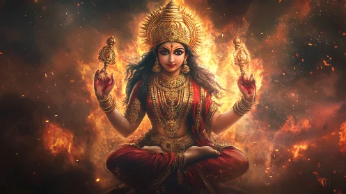 Depiction shows four-armed seated figure amid controlled flames