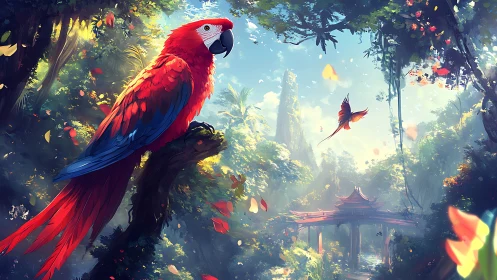 Scarlet macaw perches in lush sunlit jungle clearing