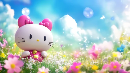 Cute pink cat figurine in dreamy spring flower meadow.