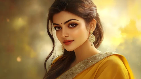 Golden gaze in saffron silk, painted with quiet starlight.