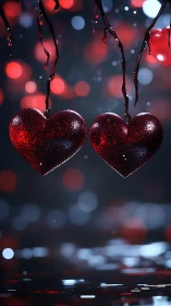 Two red glitter hearts suspended by dark branches with bokeh lights