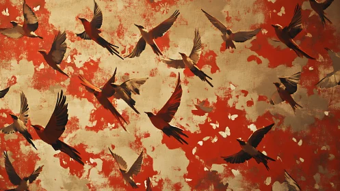 Flock of stylized birds on textured red and beige ground.