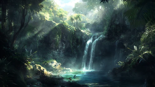 Luminous Jungle Waterfall with Ethereal Light.