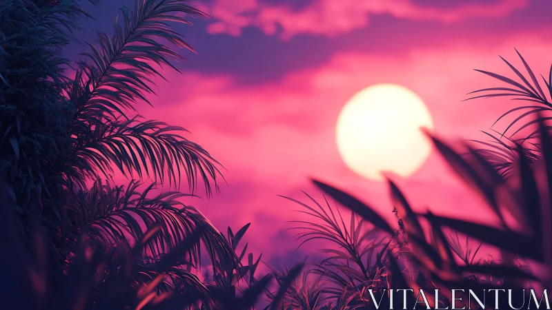 Dreamy tropical palms bask in a glowing pink sunset