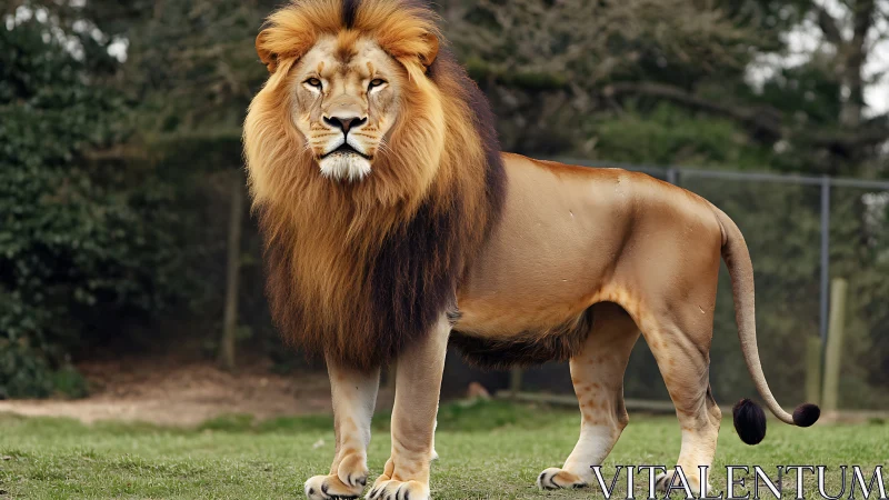 Regal lion stallion under quiet zoo garden skies.