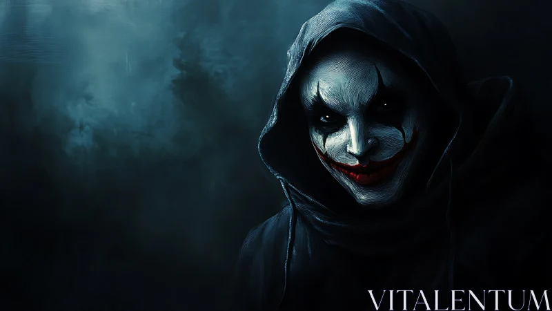 Hooded clown figure with stark chiaroscuro horror lighting
