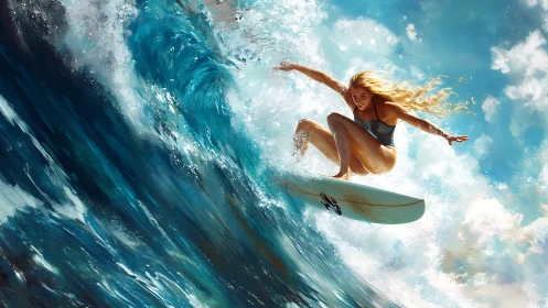 Dynamic digital painting of female surfer carving ocean wave