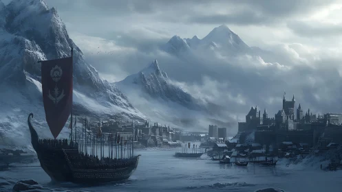 Viking longship approaches fortified city in icy fjord.