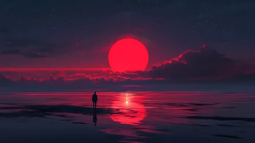 Solitary figure observes hyper-saturated red sun over reflective sea