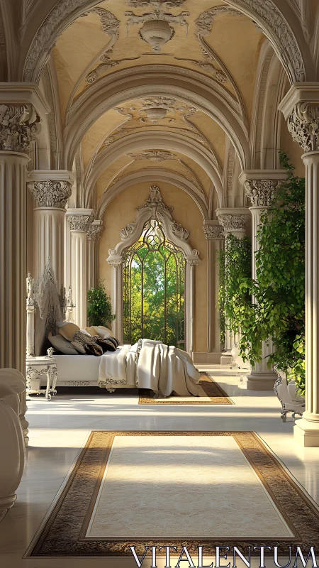 Ornate vaulted hallway with bed and arched window view.
