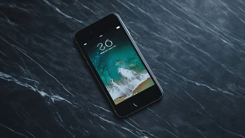 Smartphone displaying beach scene with time display on dark textured surface